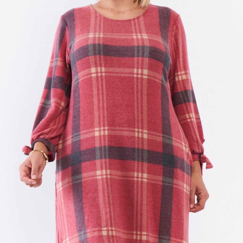 SOLD❤️Gilli Retro Dusty Red Plaid Relaxed Soft Mini Dress - Picture 5 of 6
